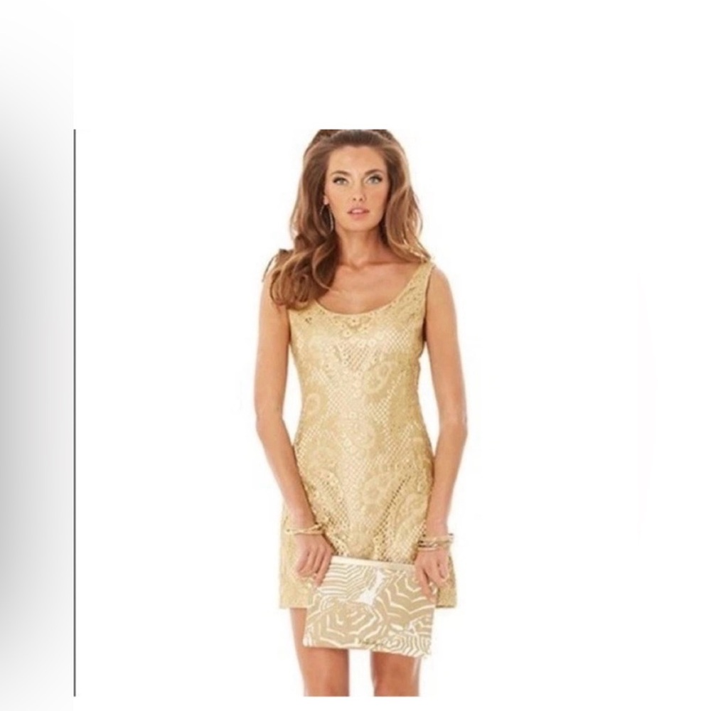 Lilly Pulitzer Dress Womens Size 8 Gold Metallic Drippy Lace Eaton Shift Party